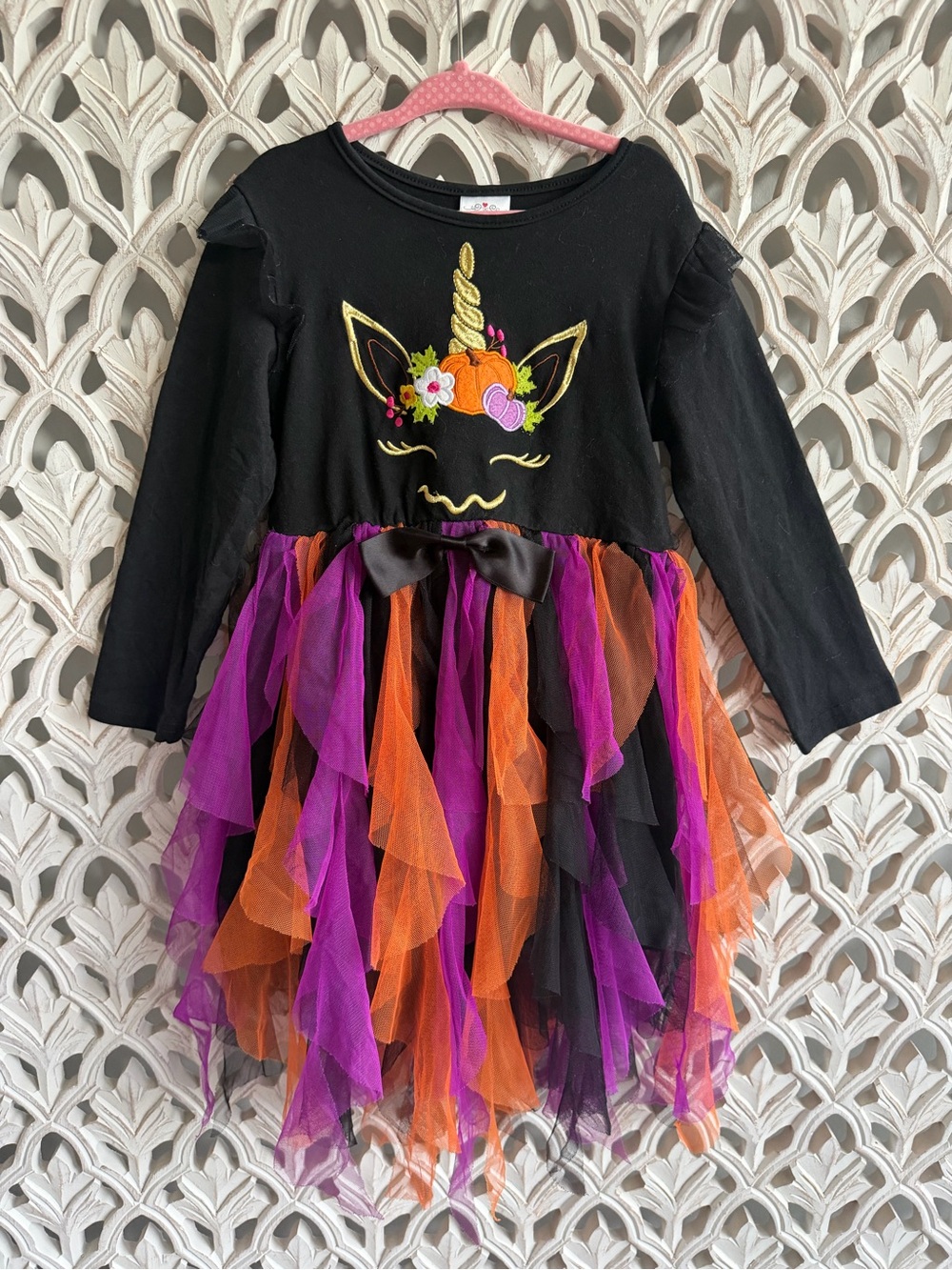 Girls Halloween Unicorn Tulle Dress Black Orange Purple Size 5-6